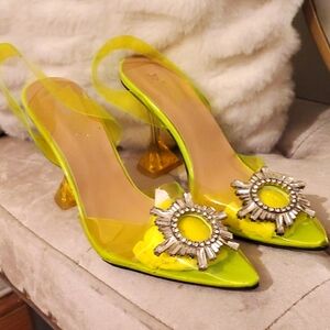 Neon Yellow Embellished Slingback Heels
